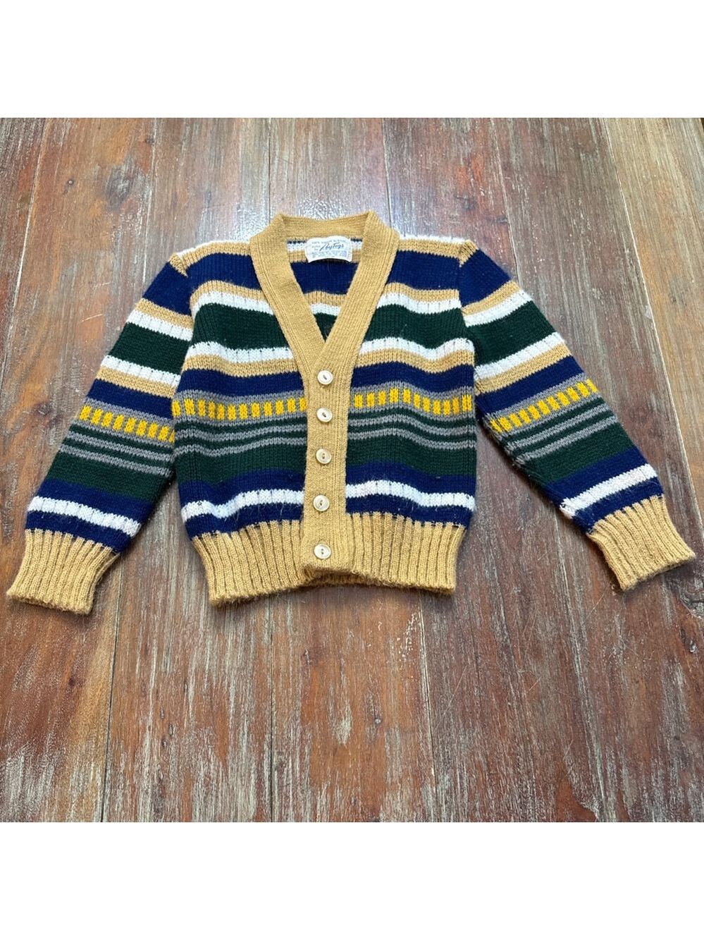 Roytogs Vintage Boys Striped Cardigan Sweater 4/5 Blue Green Yellow